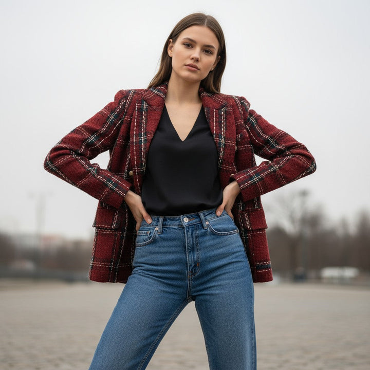 Women's Elegant Checkered Long Sleeve Blazer