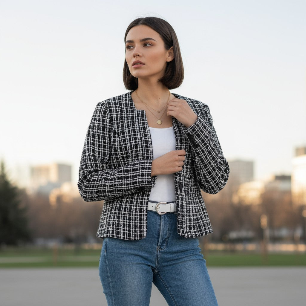 Women's Plaid Slim-Fit Jacquard Top