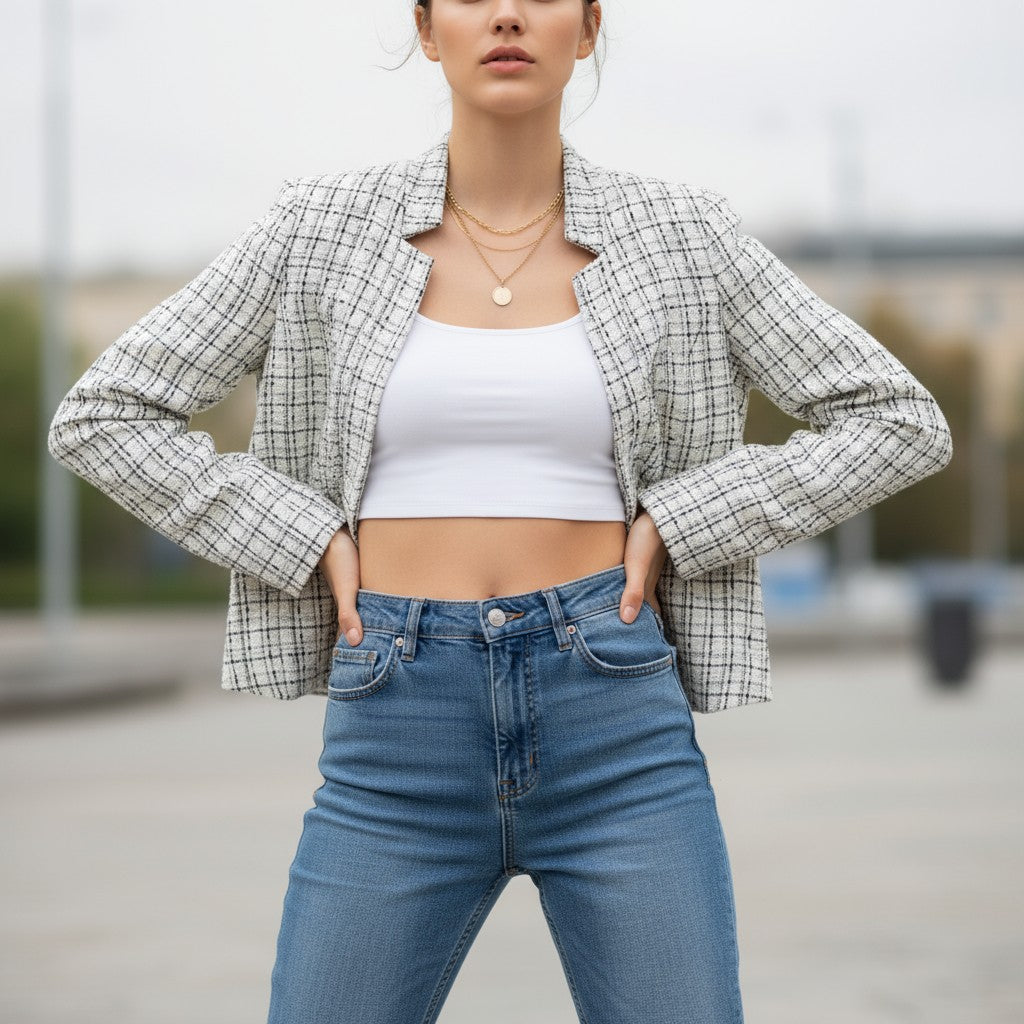 Women's Plaid Slim-Fit Jacquard Top