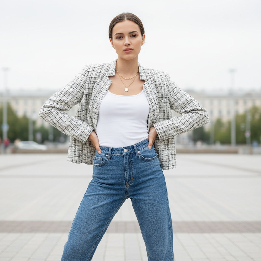 Women's Plaid Slim-Fit Jacquard Top