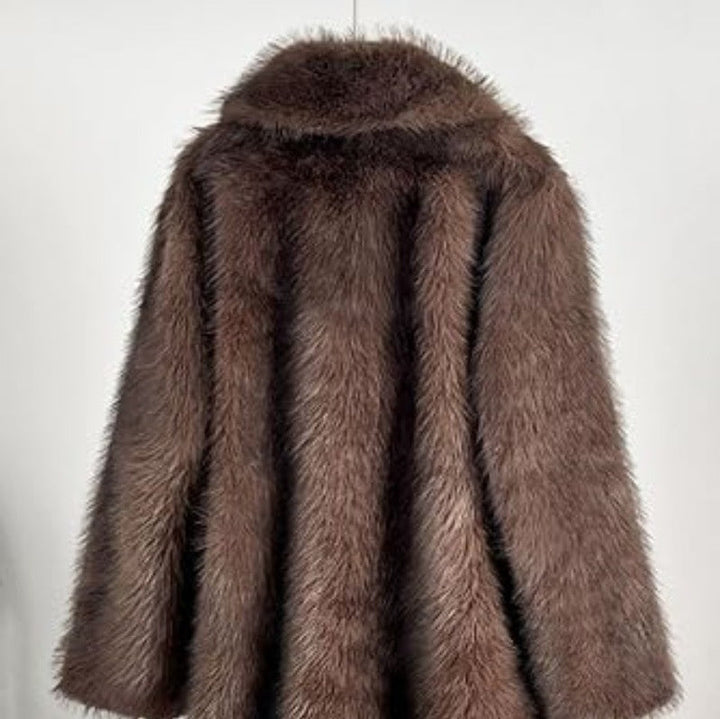 Women's Long Faux Fur Coat with Notched Lapel