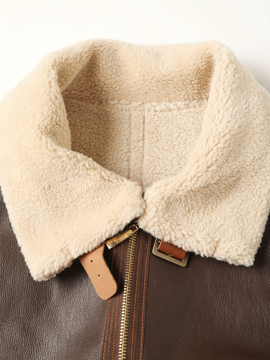 Casual PU Leather Shearling Jacket with Notched Collar