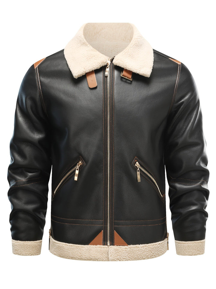 Casual PU Leather Shearling Jacket with Notched Collar