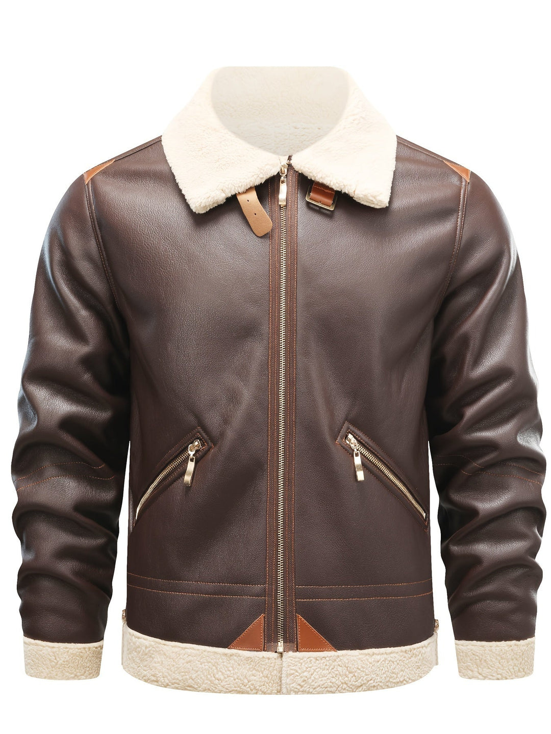 Casual PU Leather Shearling Jacket with Notched Collar