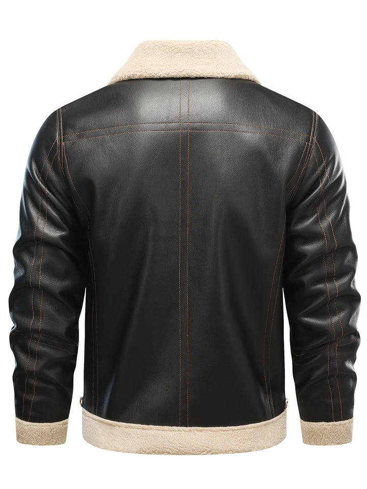Casual PU Leather Shearling Jacket with Notched Collar