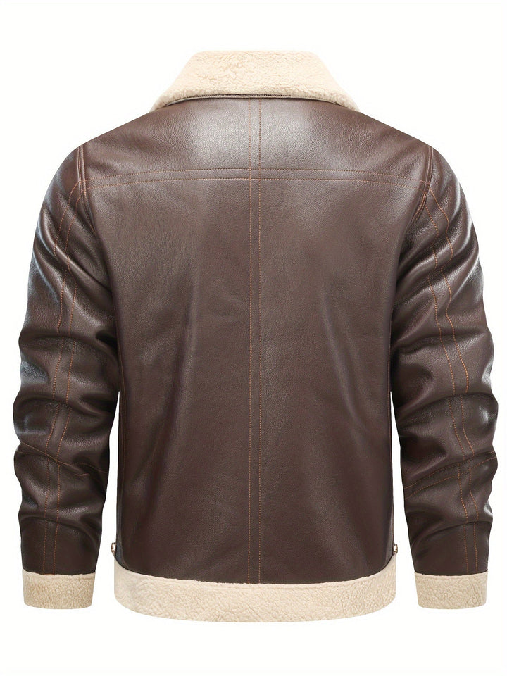 Casual PU Leather Shearling Jacket with Notched Collar