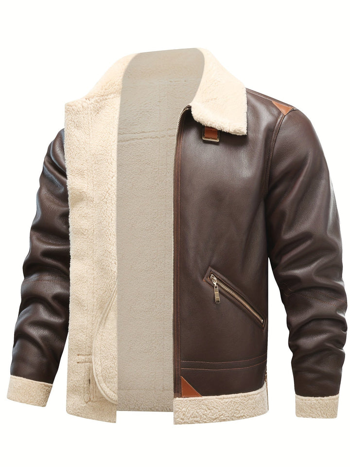 Casual PU Leather Shearling Jacket with Notched Collar