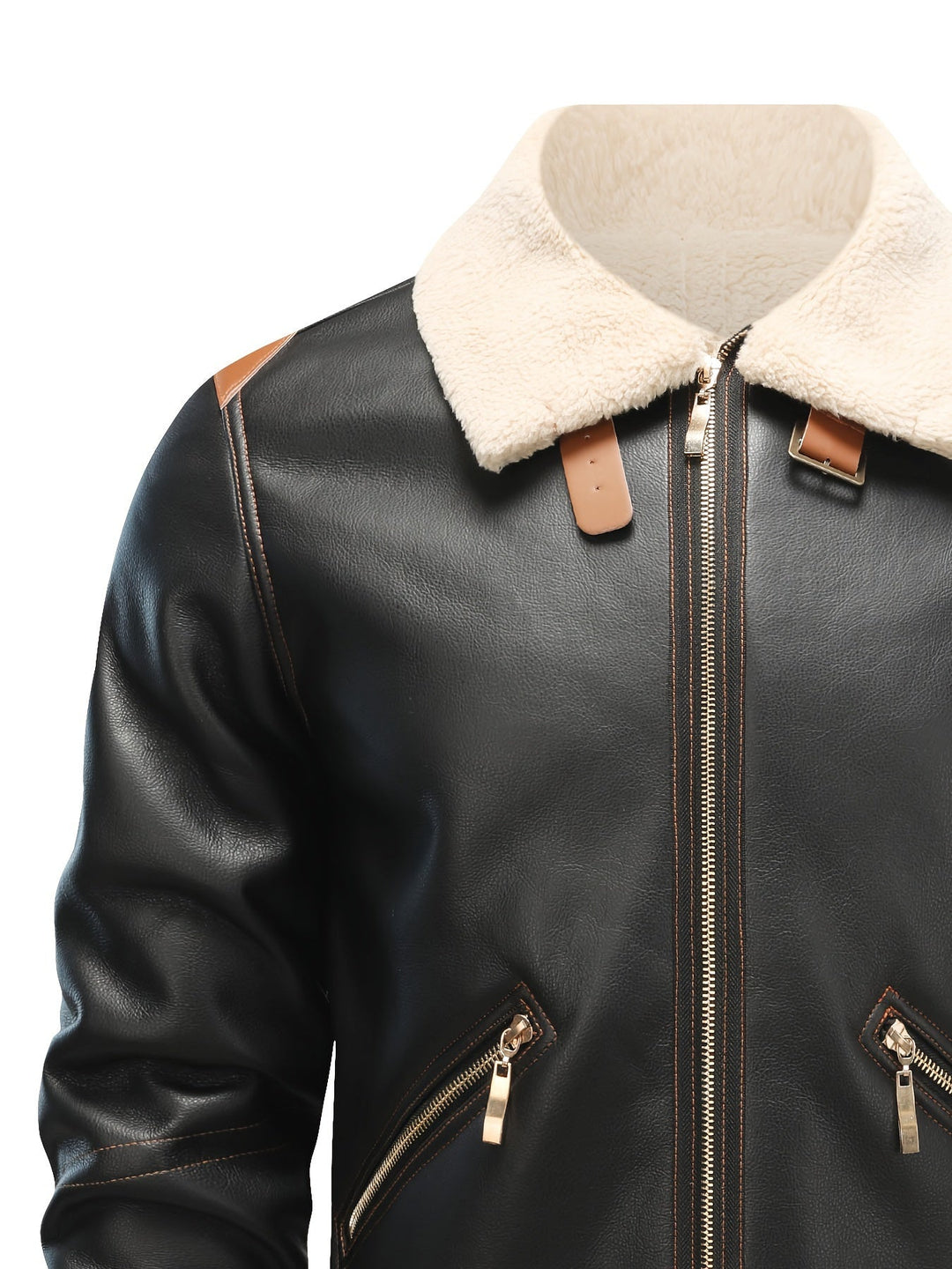 Casual PU Leather Shearling Jacket with Notched Collar