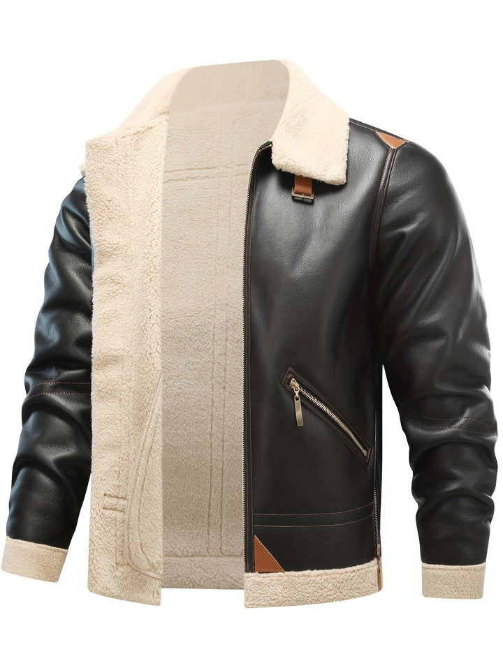 Casual PU Leather Shearling Jacket with Notched Collar