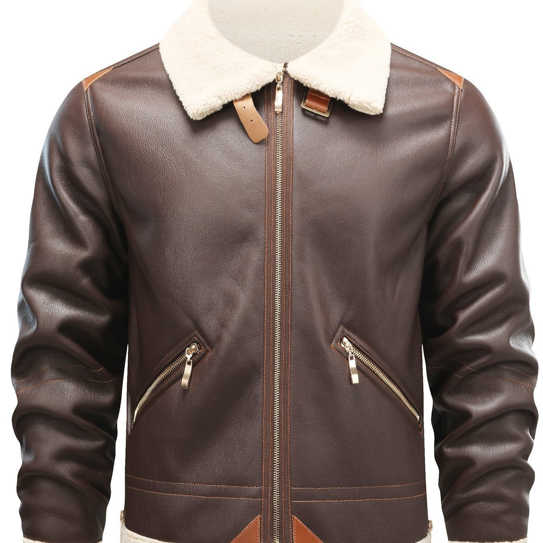Casual PU Leather Shearling Jacket with Notched Collar