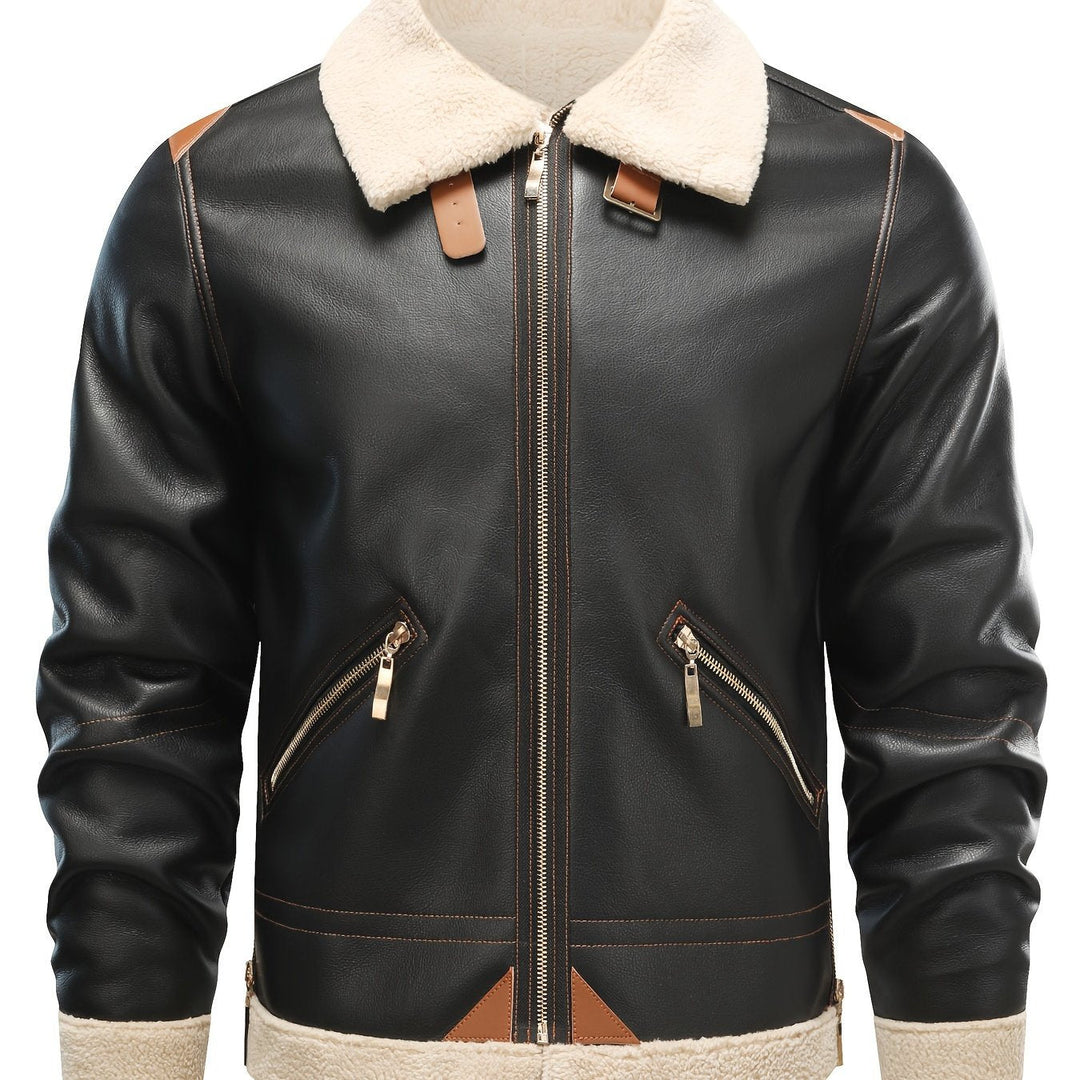 Casual PU Leather Shearling Jacket with Notched Collar