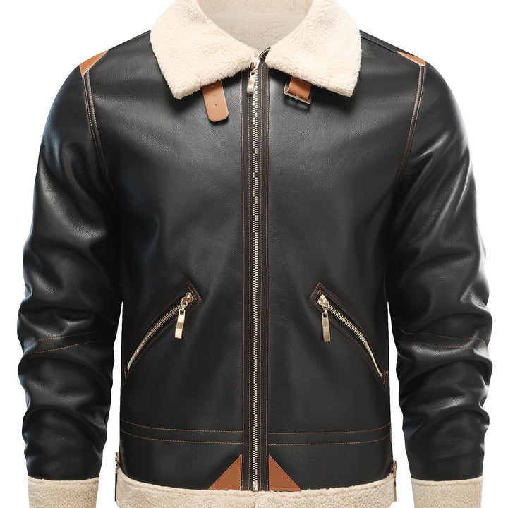 Casual PU Leather Shearling Jacket with Notched Collar