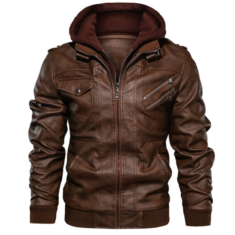 Men's Leather Jacket with Hood and Lining