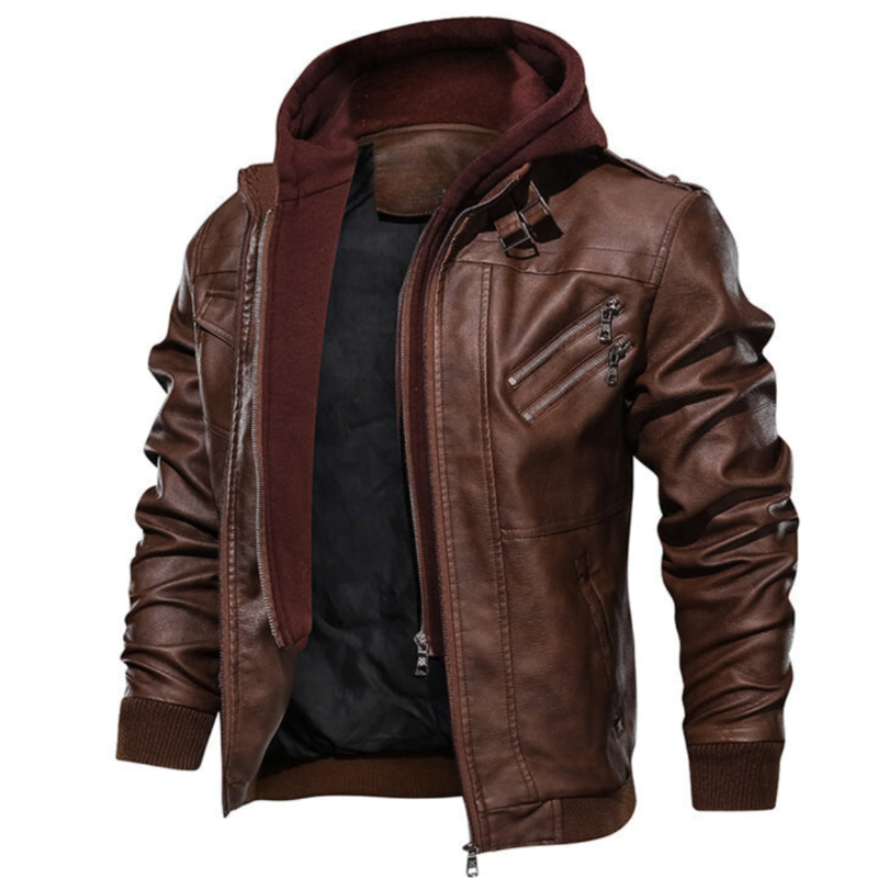 Men's Leather Jacket with Hood and Lining