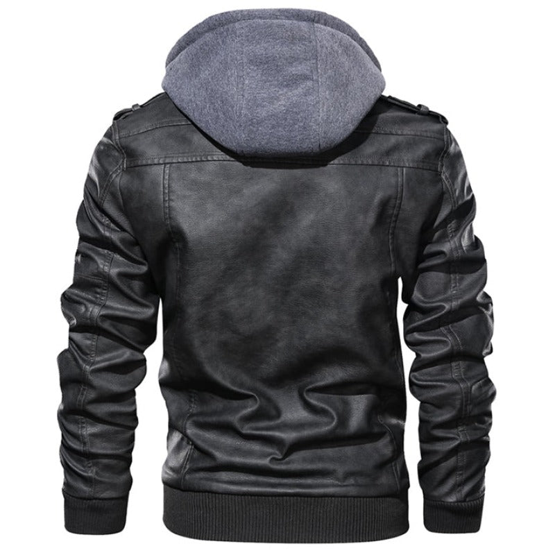 Men's Leather Jacket with Hood and Lining
