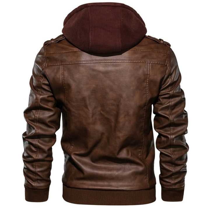 Men's Leather Jacket with Hood and Lining