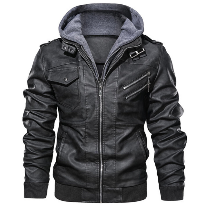 Men's Leather Jacket with Hood and Lining